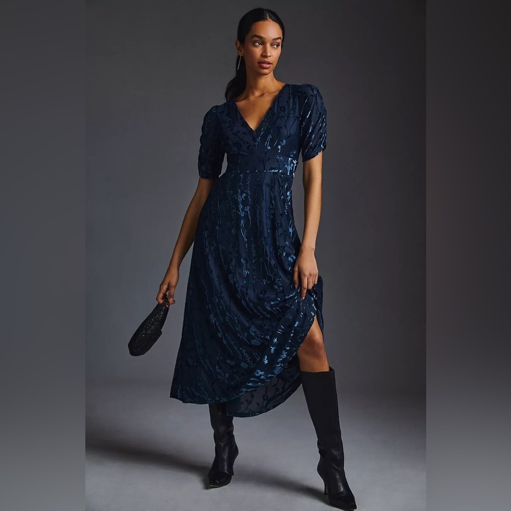 Anthropologie Hutch Puff Sleeve Burnt Velvet Midi Dress Womens 2 Blue Midi